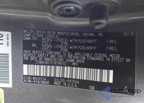 2015 Toyota Sienna Le 8 Passenger z USA, uszkodzony, nr VIN 5TDKK3DC1FS616613